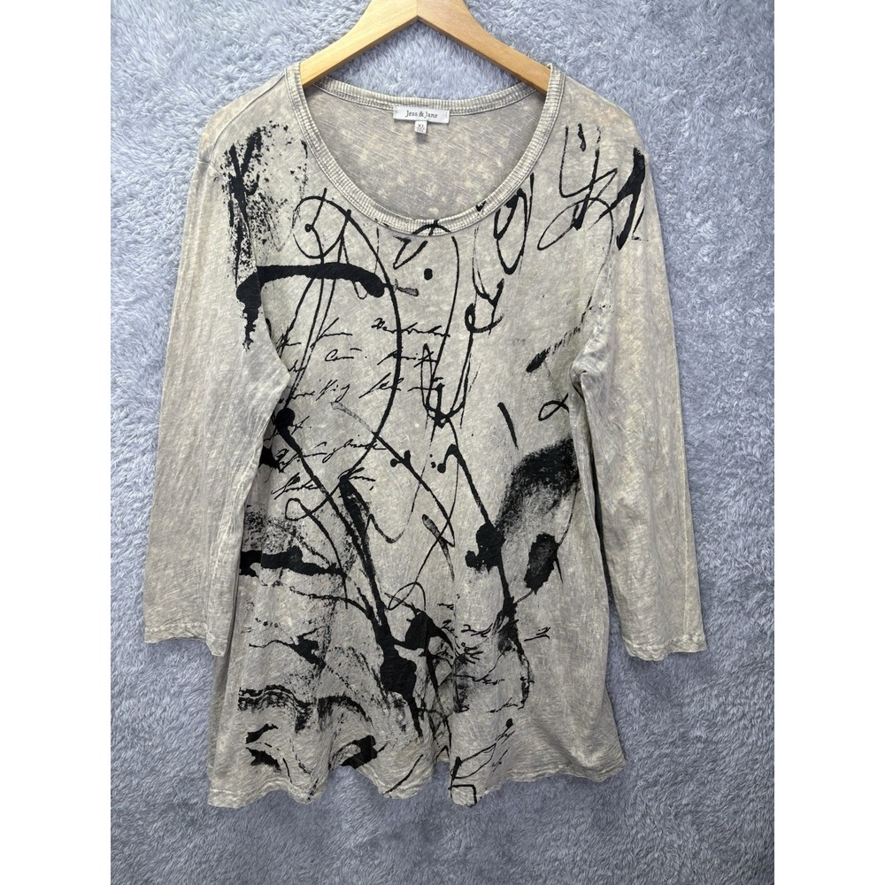Jess & Jane Women XL Brown Mineral Wash Abstract Cotton Tunic Top Artsy Lagenloo
